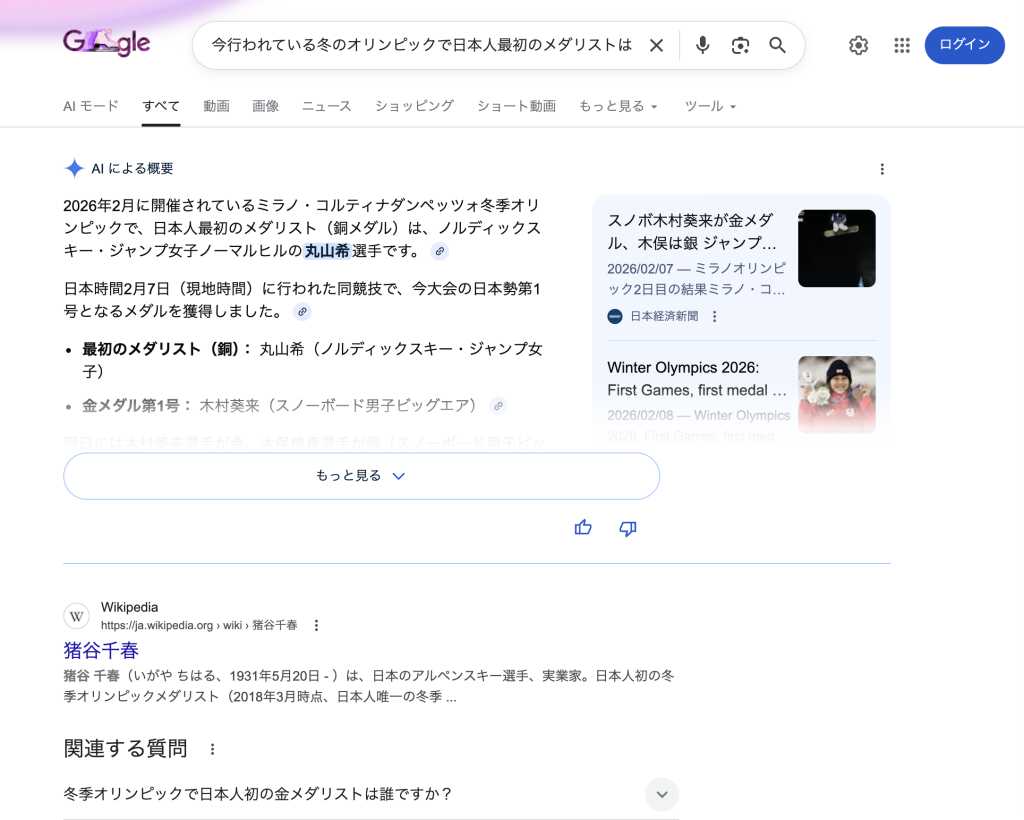 Google検索(シークレット)「今行われている冬のオリンピックで日本人最初のメダリストは?」の検索結果