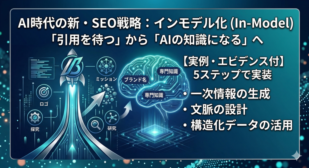 「AI時代の新・SEO戦略:インモデル化(In-Model)」と「『引用を待つ』から『AIの知識になる』へ」というタイトルが書かれたブログサムネイル画像。光るAIの脳を中心に、ロケット、本、人物、グラフのアイコンが配置され、一次情報の生成、文脈の設計、構造化データの活用による5ステップ実装のステップが示されている
