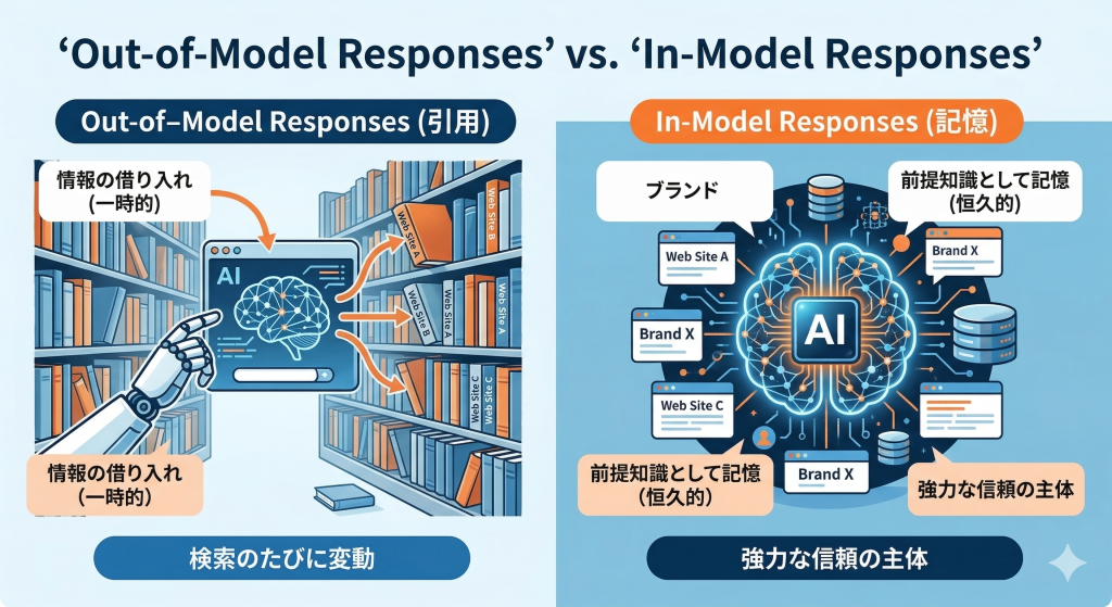 AI回答メカニズムの比較図:図書館の書籍引用(アウトオブモデル)と、脳のネットワークに刻まれた記憶(インモデル)の対比