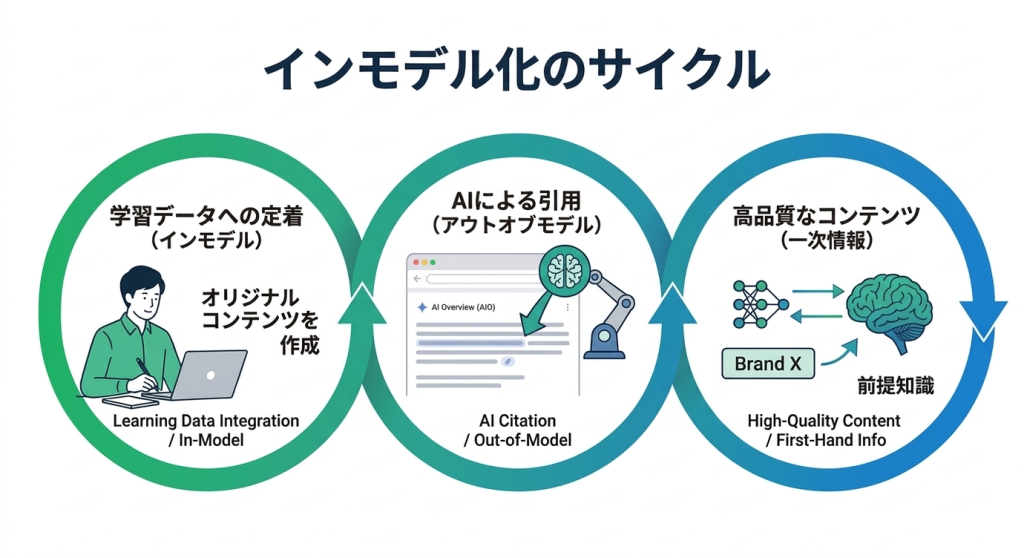インモデル化のサイクル図:高品質な一次情報の提供から、AIによる引用(アウトオブモデル)、そしてAIの学習データへの定着(インモデル)に至るまでの循環プロセス