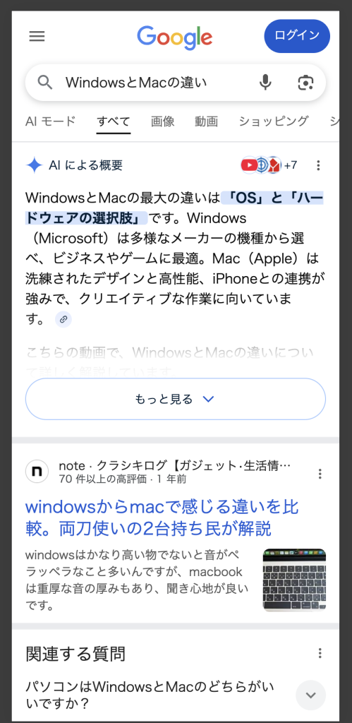 2026年3月1日実機検証。「WindowsとMacの違い」検索時に表示されたAIによる概要(AIO)の比較整理パネル
