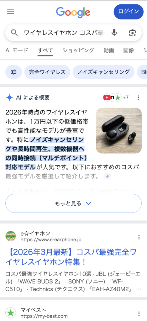 ワイヤレスイヤホン コスパ最強」と検索した際のGoogle検索結果画面。AIによる概要(AIO)が表示され、価格帯や主要機能を整理して提示している。