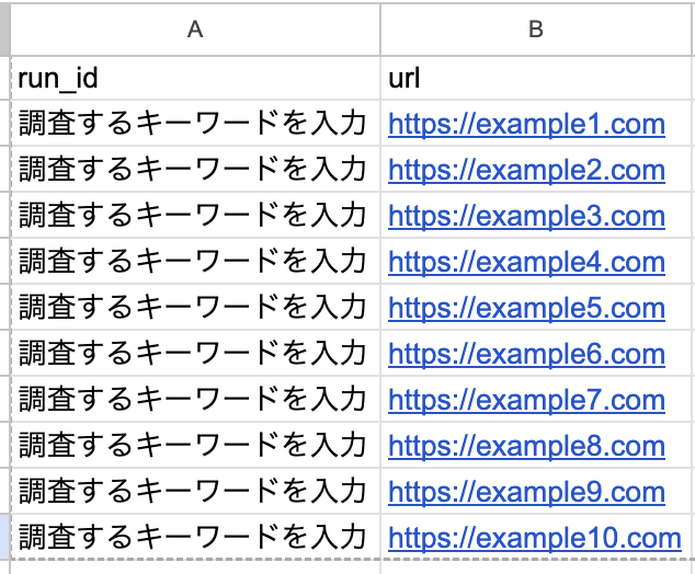 SEO競合分析用の入力スプレッドシート例。run_id列とurl列に、調査対象キーワードと上位サイトURLのダミーデータを20件入力した画面